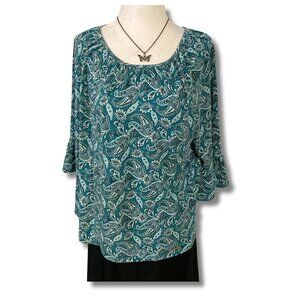 MICHAEL KORS Teal blue white black paisley print bell sleeve top LARGE XL shirt